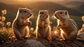 Three squirrels interacting at sunset, highlighting nature's beauty and wildlife behavior. photo