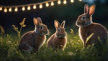 Three rabbits gathered in a grassy area, illuminated by soft string lights at dusk. photo