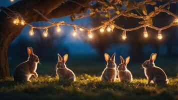 A serene night scene with rabbits illuminated by string lights under a tree. photo