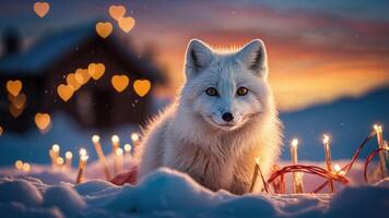 A serene arctic fox sits in snow, surrounded by lights and a colorful sunset backdrop. photo
