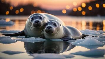 Two seals resting on ice in a serene water setting at sunset. photo