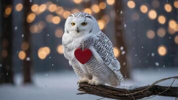 A snowy owl holding a red heart ornament in a wintery forest setting with soft bokeh lights. photo