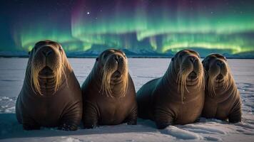 Four walruses on ice under a vibrant aurora borealis. photo