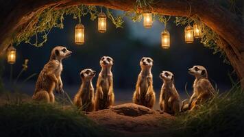 A group of meerkats gathered under lanterns in a cozy burrow. photo