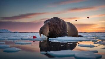 A walrus on ice with a heart-shaped object at sunset, evoking themes of love and nature. photo