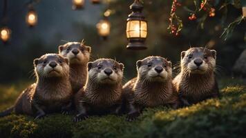 A charming scene featuring five otters gathered under lanterns in a serene setting. photo