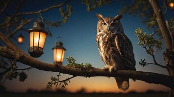 An owl perched on a branch at dusk, illuminated by lanterns in a serene environment. photo