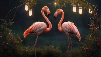 Two elegant flamingos stand gracefully amidst greenery and soft glowing lights. photo