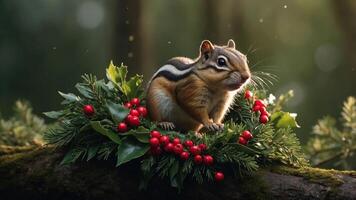 A chipmunk perched on a festive wreath adorned with red berries and greenery. photo