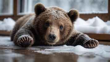 A young bear resting on a snowy floor, with a cozy indoor setting in the background. photo