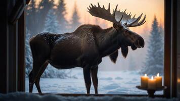 A moose stands outside a snowy window, illuminated by candlelight in a serene winter scene. photo
