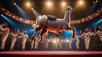 A lively circus scene featuring a leaping llama with performers in the background. photo