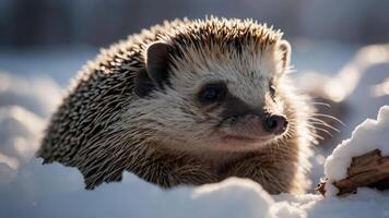 A hedgehog resting in the snow, showcasing its unique features and natural habitat. photo