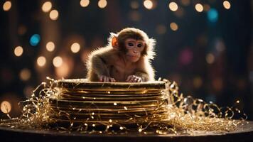 A playful monkey sitting atop a stack of golden plates with twinkling lights in the background. photo