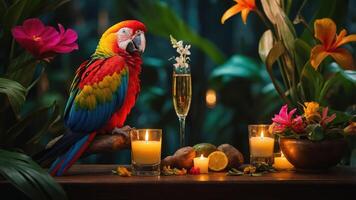 A colorful parrot beside candles and flowers, creating a vibrant, tropical atmosphere. photo