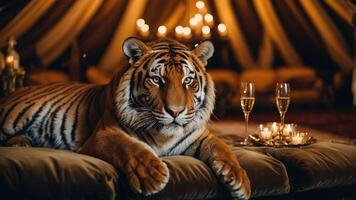 A tiger lounges elegantly in a luxurious setting with champagne glasses and a warm ambiance. photo