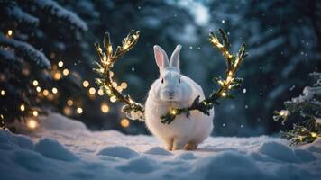 A festive rabbit adorned with antlers and lights in a snowy forest setting. photo