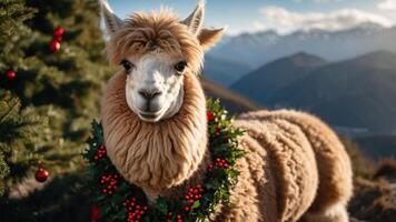 A festive llama adorned with a wreath, set against a mountainous landscape. photo