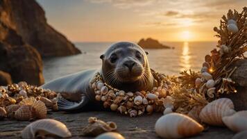 A seal adorned with seashells rests on a beach at sunset, creating a serene coastal scene. photo