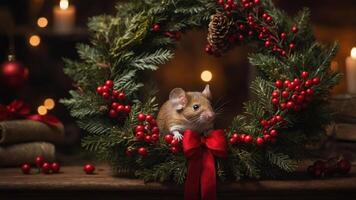 A festive mouse perched in a holiday wreath with red berries and a bow. photo