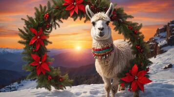 A festive llama poses in a wreath against a snowy mountain sunset. photo