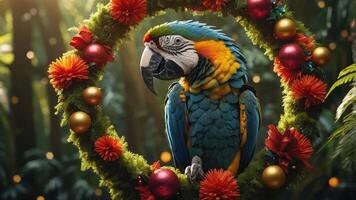 A vibrant parrot perched in a festive wreath surrounded by tropical foliage. photo