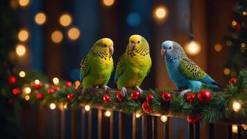 Three colorful budgerigars perched on a festive railing adorned with lights and decorations. photo