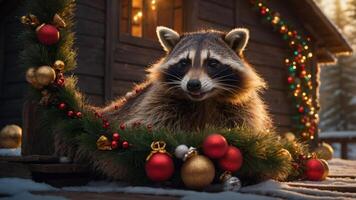 A raccoon adorned with festive decorations near a cozy cabin in a snowy setting. photo
