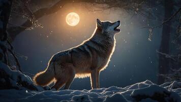 A wolf howls under a full moon in a snowy forest, creating a mystical atmosphere. photo