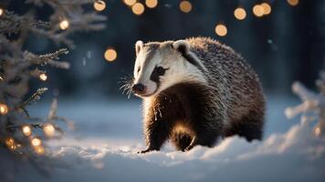 A badger walking through snowy terrain illuminated by festive lights. photo