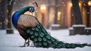 A peacock displaying its vibrant feathers in a snowy setting. photo