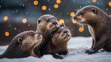 A group of otters playfully interacting in a snowy setting with soft bokeh lights in the background. photo