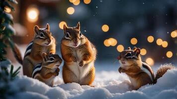 A group of chipmunks play in the snow, surrounded by soft, glowing lights. photo