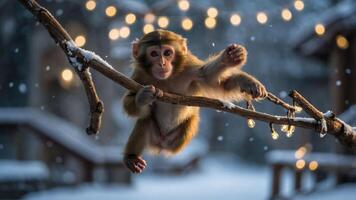 A playful monkey hanging from a snowy branch, surrounded by soft, glowing lights. photo