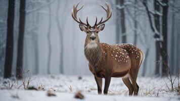 A majestic deer stands in a snowy forest, surrounded by trees and a serene atmosphere. photo