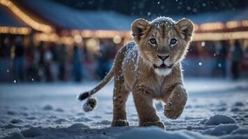 A playful lion cub runs through the snow, surrounded by a festive atmosphere. photo