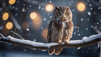 A snowy owl perched on a branch amidst falling snow and soft glowing lights. photo