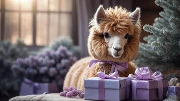A charming alpaca adorned with a ribbon beside beautifully wrapped gifts in a festive setting. photo