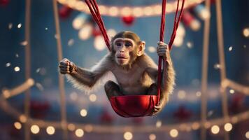 A monkey swings in a circus-like setting, surrounded by lights and festive decorations. photo
