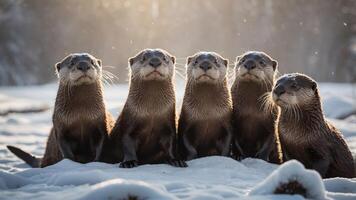 Five otters sitting together on snow, enjoying a winter day in a serene environment. photo