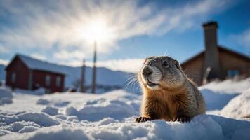 A marmot in the snow with a bright sun in the background. photo