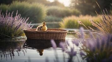 A duckling peacefully floats in a woven basket on a serene water surface surrounded by lavender. photo
