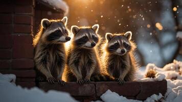 Three raccoons sitting on a ledge in a snowy environment, illuminated by warm sunlight. photo