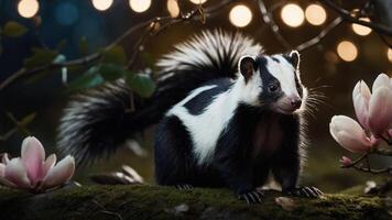 A striking skunk stands on a mossy log surrounded by flowers and soft lights. photo