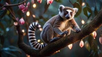A lemur perched on a branch surrounded by flowers and soft lights in a serene setting. photo