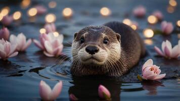 A playful otter swimming among pink water lilies in a serene pond setting. photo