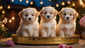 Three fluffy puppies sitting together in a decorative tray, illuminated by soft lights. photo
