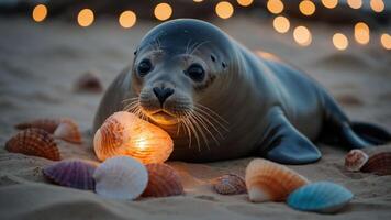 A seal resting on the beach surrounded by seashells and warm lights. photo