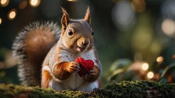 A squirrel holding a red heart-shaped object in a natural setting with soft lighting. photo