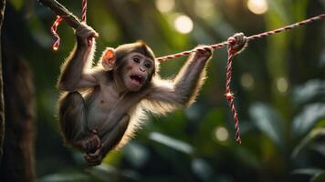 A playful monkey hanging from a branch in a lush, green environment. photo